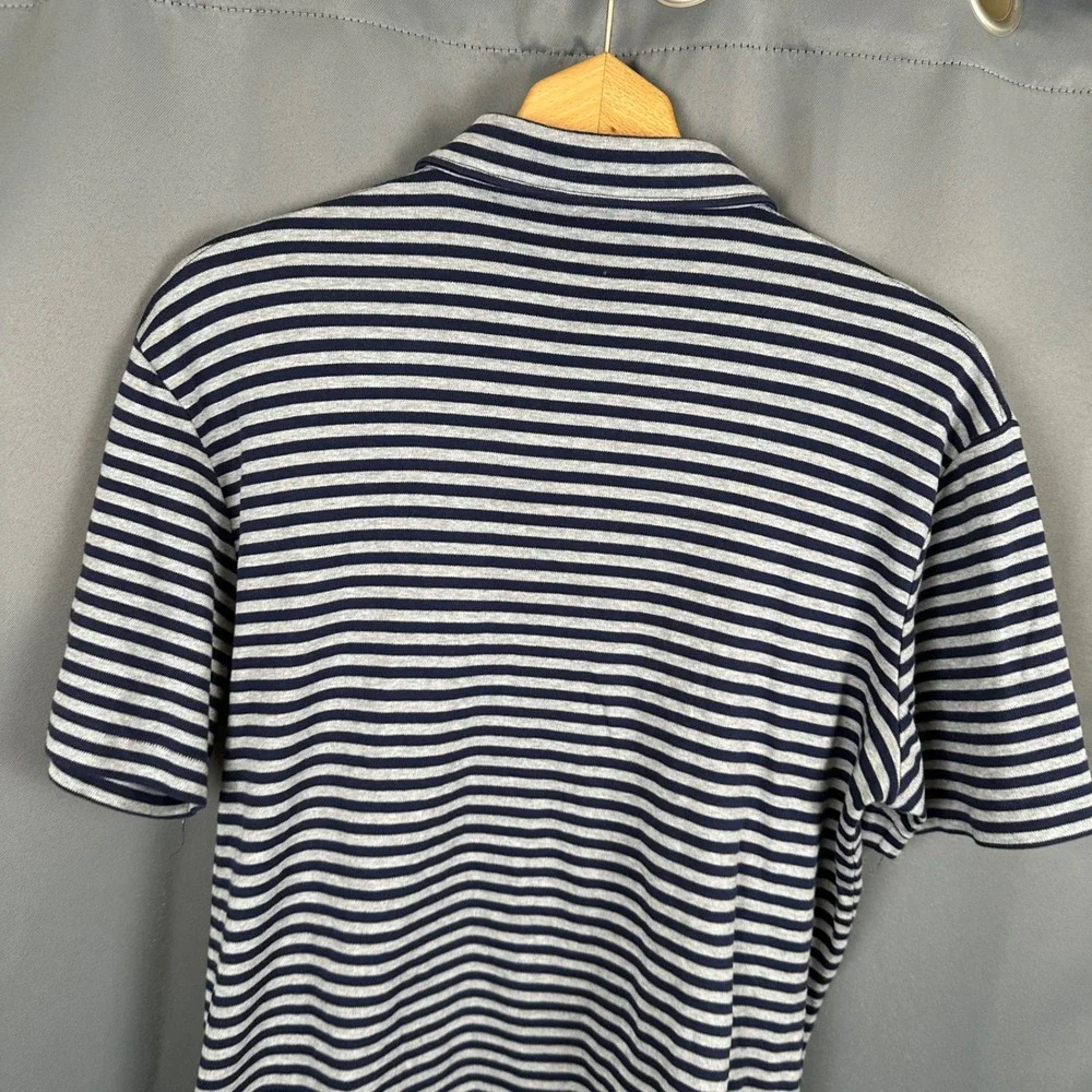 Polo Ralph Lauren Mens Large Striped Polo Shirt Navy Blue Grey Short Sleeve L